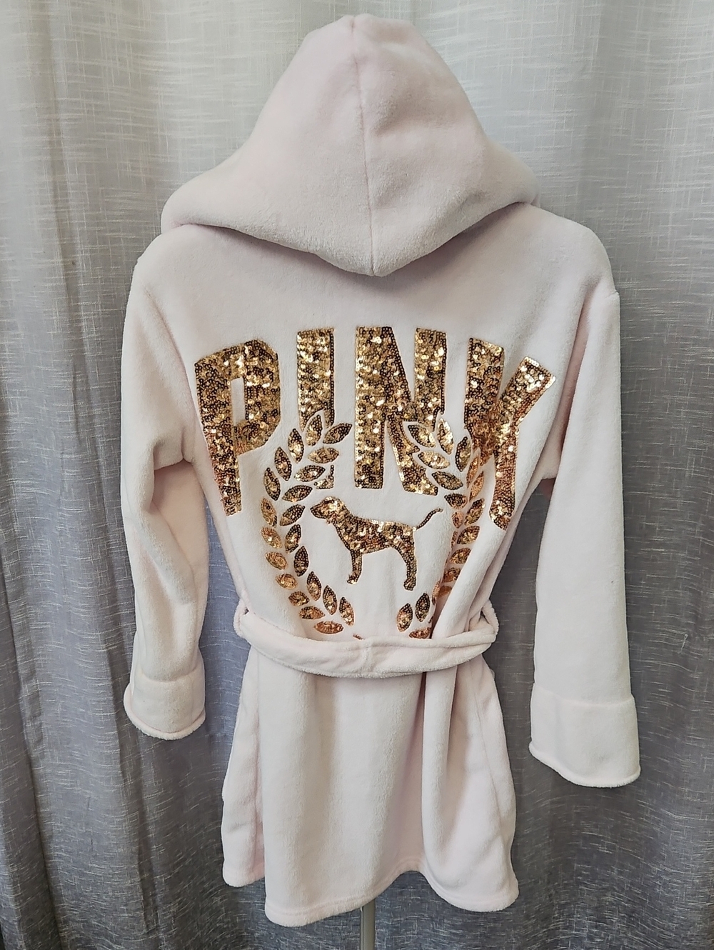 PINK Victoria's Secret Light Pink Hooded Robe with Gold Sequin Logo